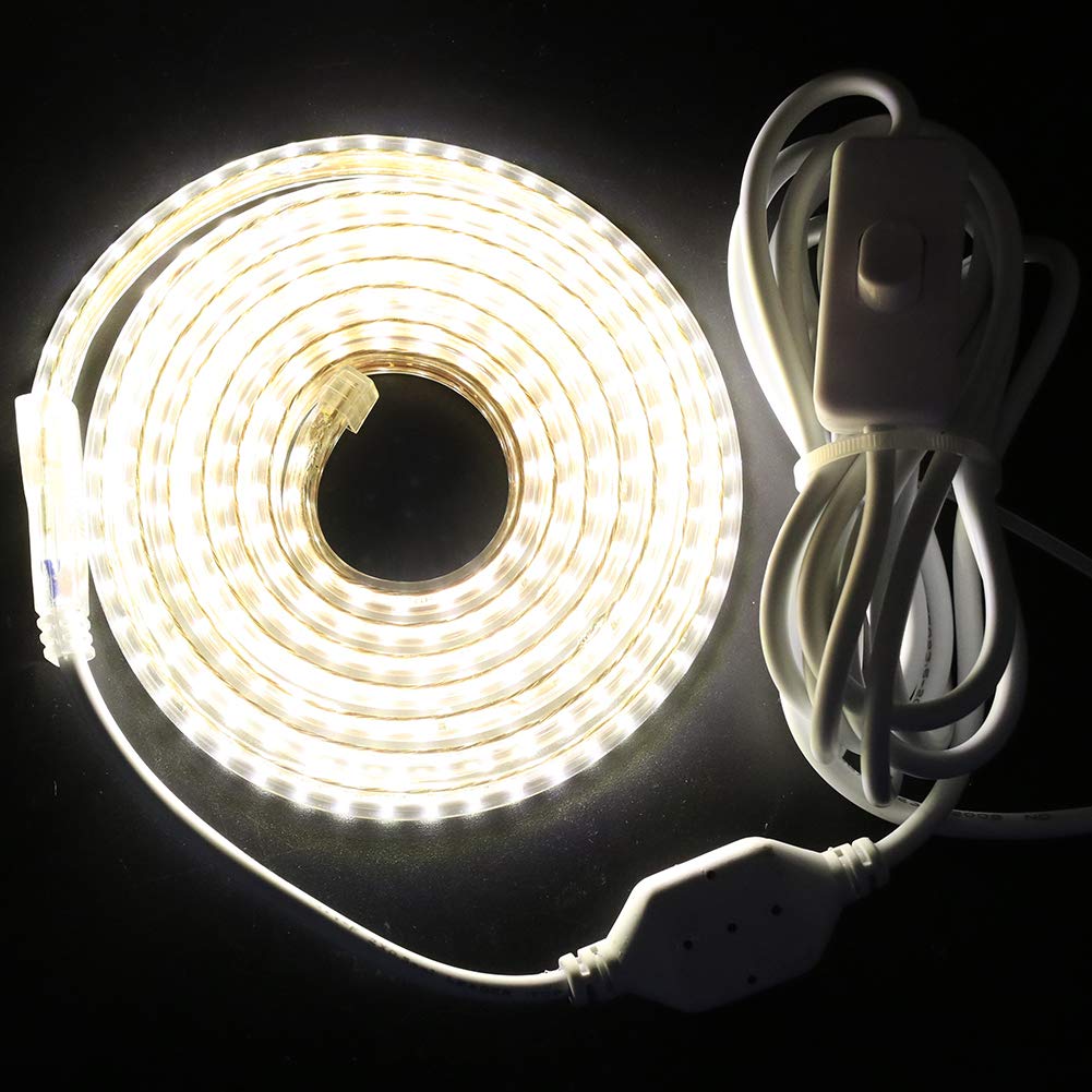 XUNATA Bianco Caldo Strisce LED con Interruttore e Alimentatore 220V, 3014 120LED/m, IP65 Impermeabile, Flessibile Striscia a LED per Scaletta Tetto Cavi da Cucina Decorazione- 15m