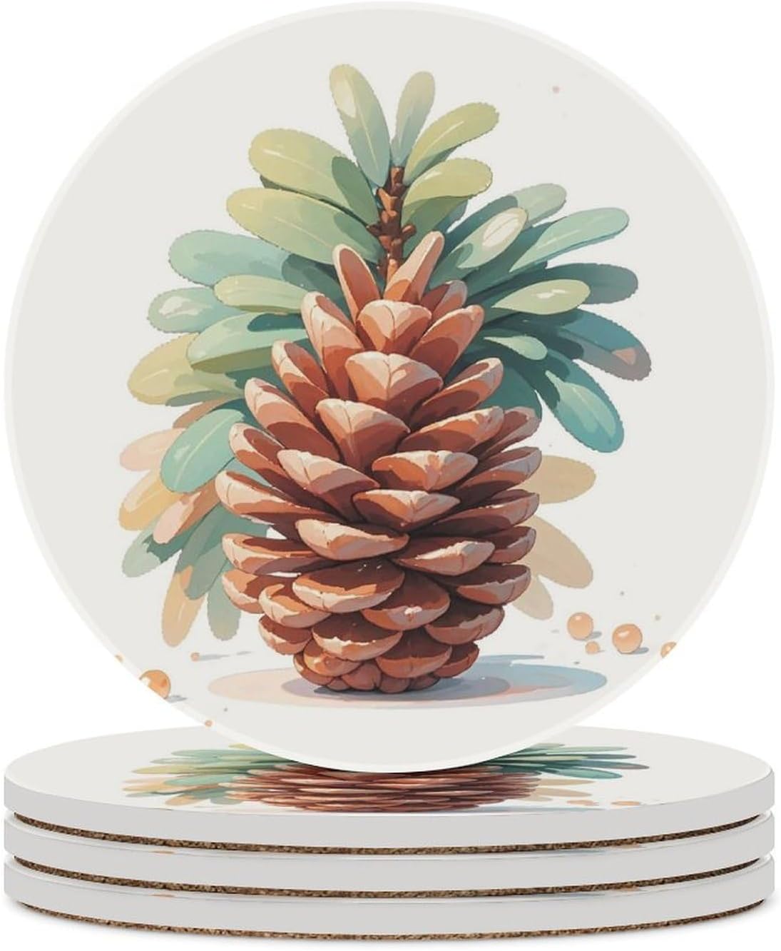 6PCS Watercolor Pine Cone Coasters Non-Slip Round Drink Coasters with Ceramic Stone and Cork Base, Heat Resistant Absorbent 33.00Stone Coaster Set for Kinds of Mugs and Cups, 4 Inch