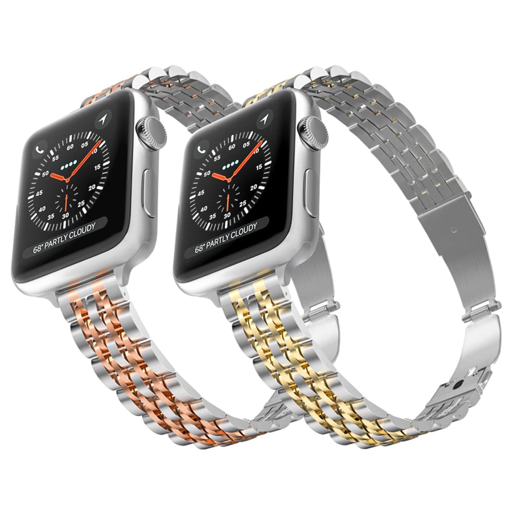 Women Band Compatible with Apple iWatch 38mm 40mm Thin Slim Ladies Replacement Stainless Steel Bands for Series 6 5 4 3 2 1 Silver and Rose Gold, Silver and Gold, 2 Pack