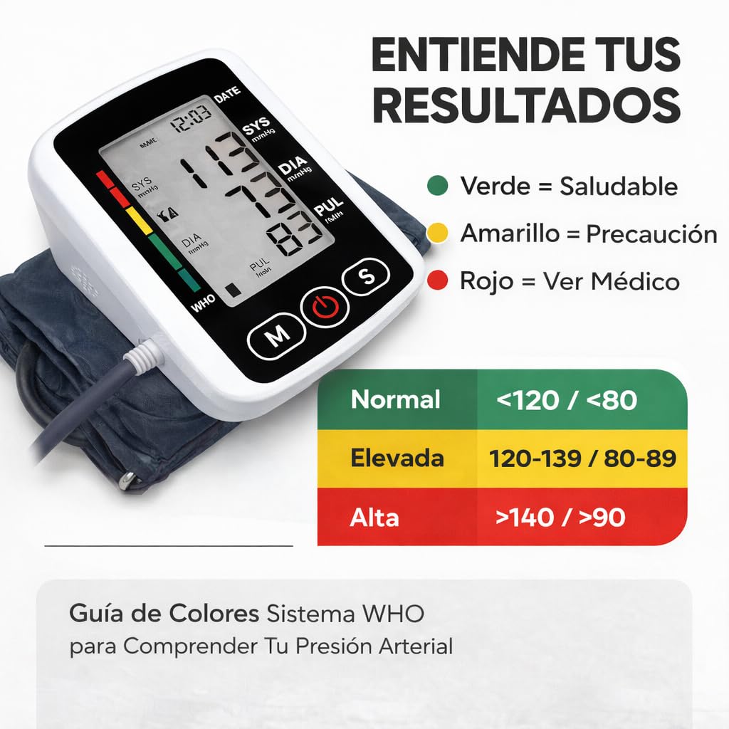 Tensiometro de Brazo | Medidor de Frecuencia Cardiaca y Pulso | Pantalla LCD, Facil de Leer el Resultado | Indicador Por Voz en Español | Memoria de Datos | Brazalete Ajustable 22-36 cms