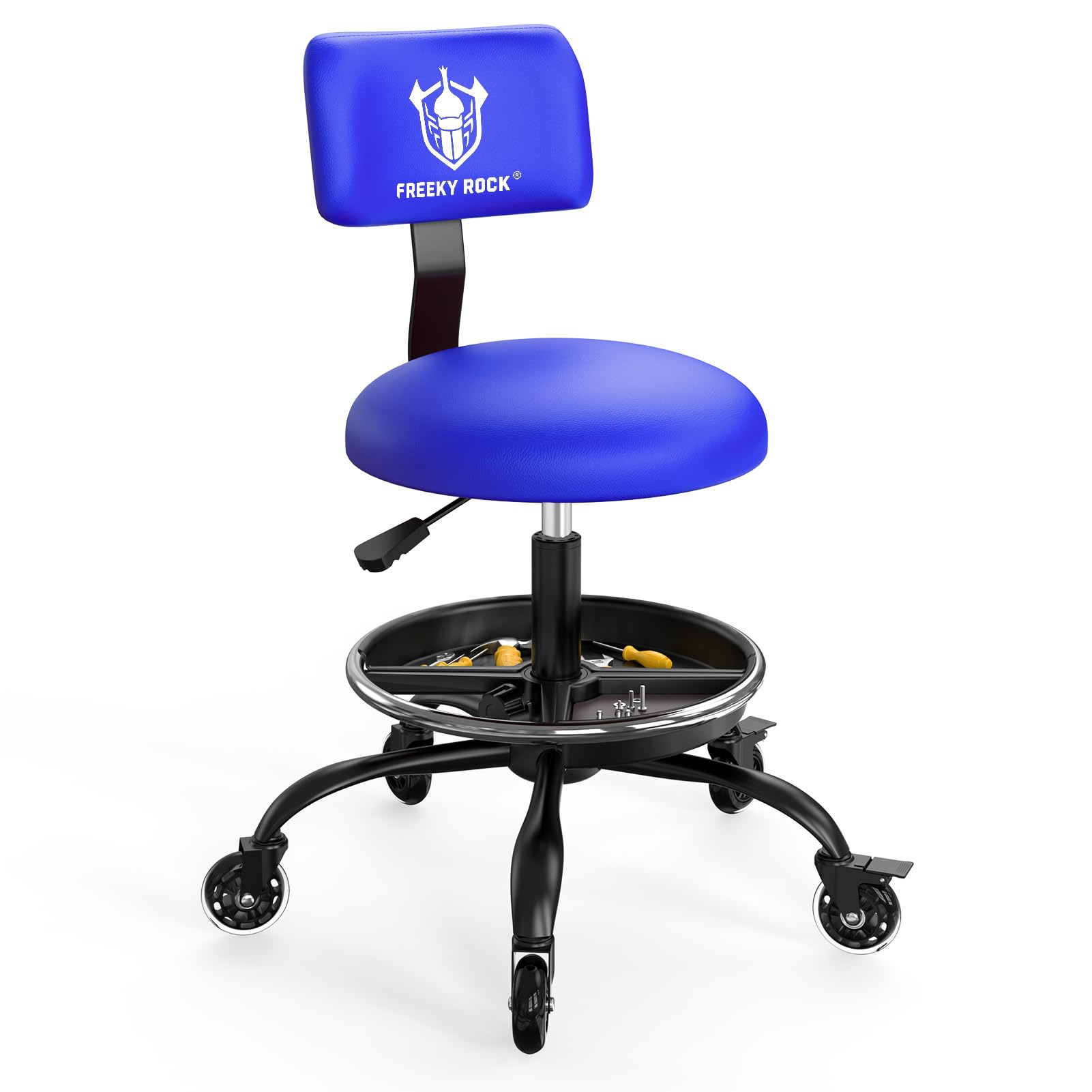 Rolling Shop Stool with Wheels, Garage Mechanic Stool Chair with Backrest, Height Adjustable Heavy Duty Swivel Task Chair, Adjustable Footrest with Storage Tray for Garage Kitchen Salon Tattoo (Blue)