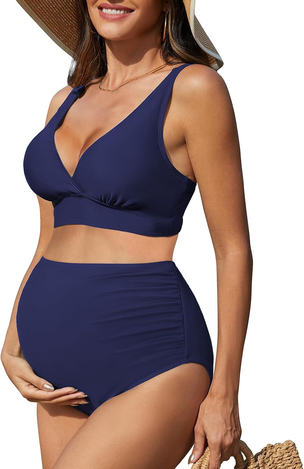 American Trends Maternity Swimsuit Two Piece V Neck High Waisted Ruched Pregnancy Bikini Bathing Suit Bump-Friendly Swimwear