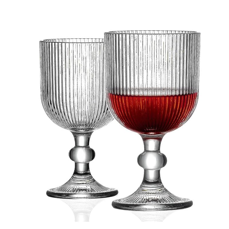 BROCCOLIN Vintage Wine Glasses - 355 ml Ripple Embossed Goblet Drinkware, Vertical Line Glasses for Wine, Water, Cocktails - Elegant Barware for Wedding, Party, Dinner Table (2) 2