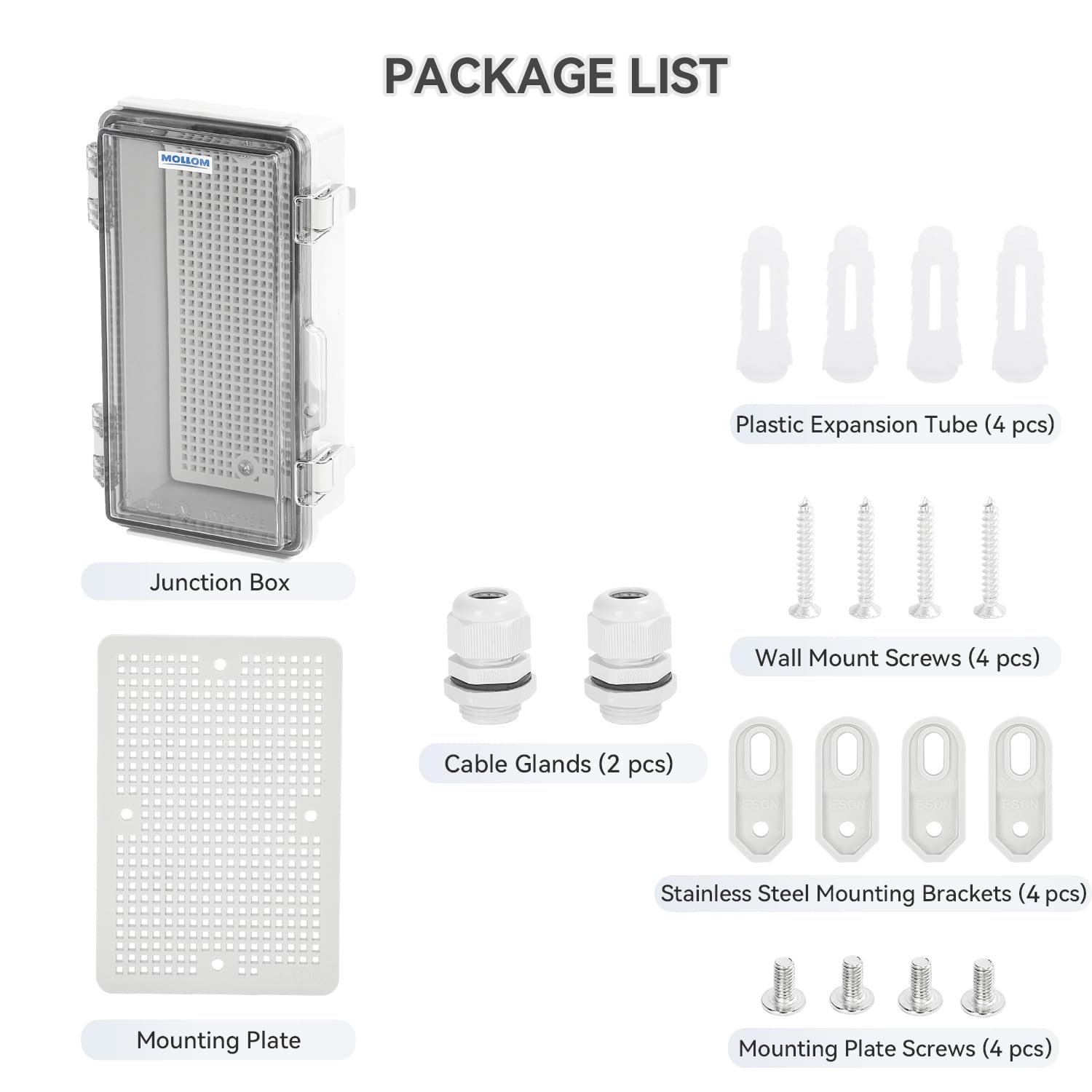 Mollom Outdoor Junction Box for Electrical Project Waterproof IP67 with Hinged Transparent Cover, Stainless Steel Latch, Mounting Plate, and Wall Brackets(210x110x70mm | 8.3x4.3x2.8In)