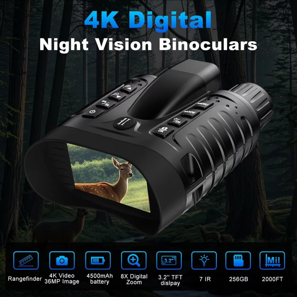 Binocolo da Caccia con Telemetro Integrato, Grande Schermo da 3,2 Pollici, Visione Notturna Digitale 4K.
