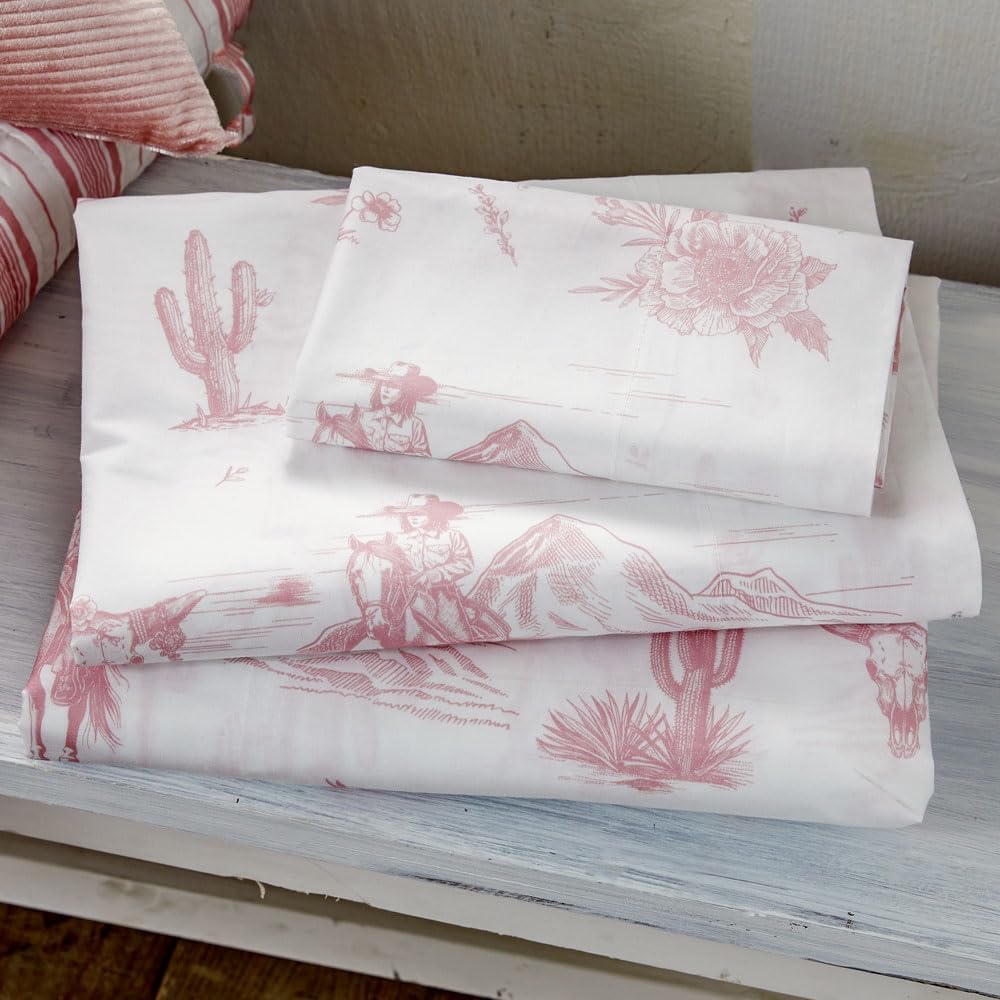 Rod's True Western Dusty Rose Cowgirl Toile Queen Sheet Set, 4 Piece Cotton Western Bedding, Pink and White, Deep Pocket