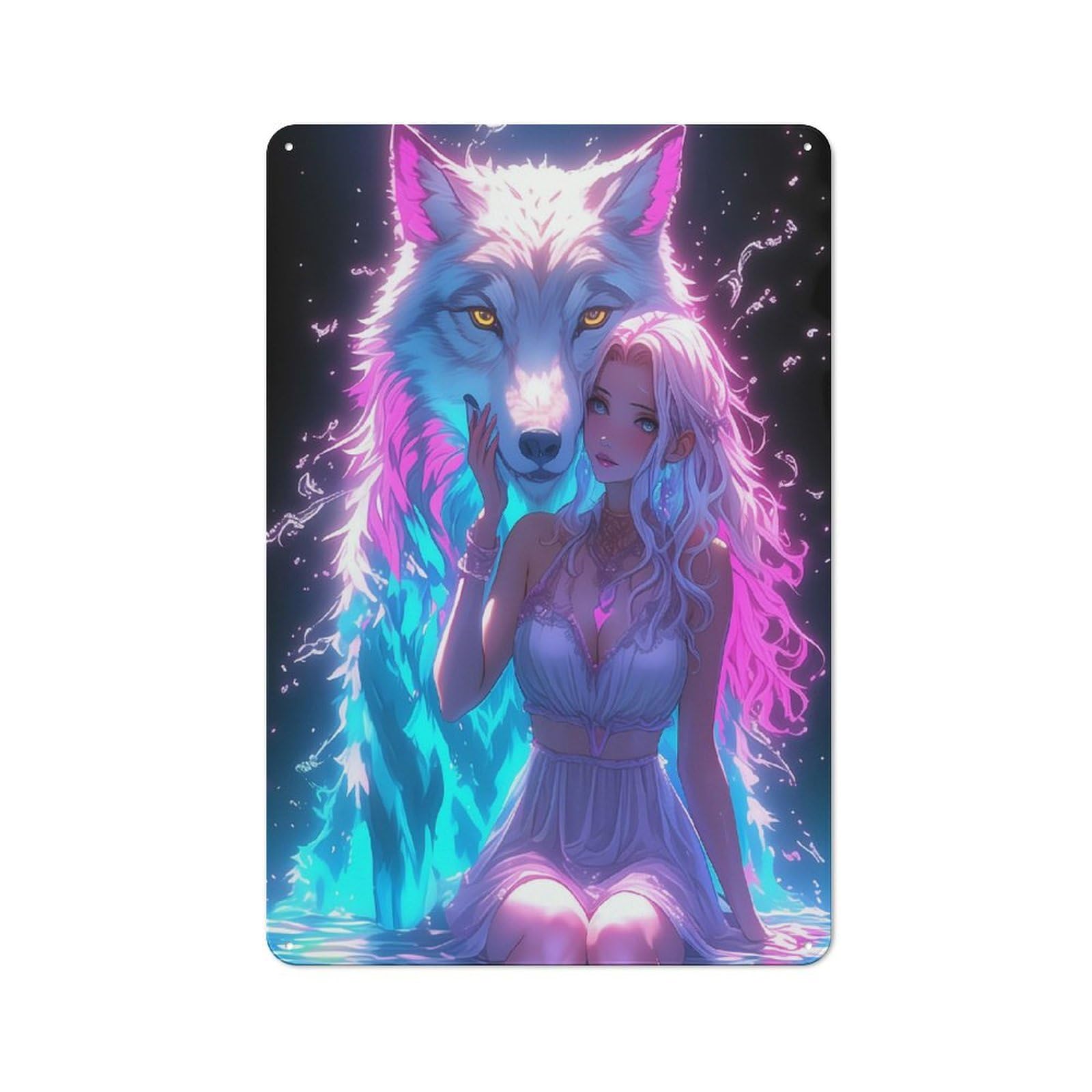 Industrial Tin Wall Sign 30x20cm Featuring Guardian with Neon Wolf, Urban Room Decor for Workspace, Cafe, Hallway Or Garage