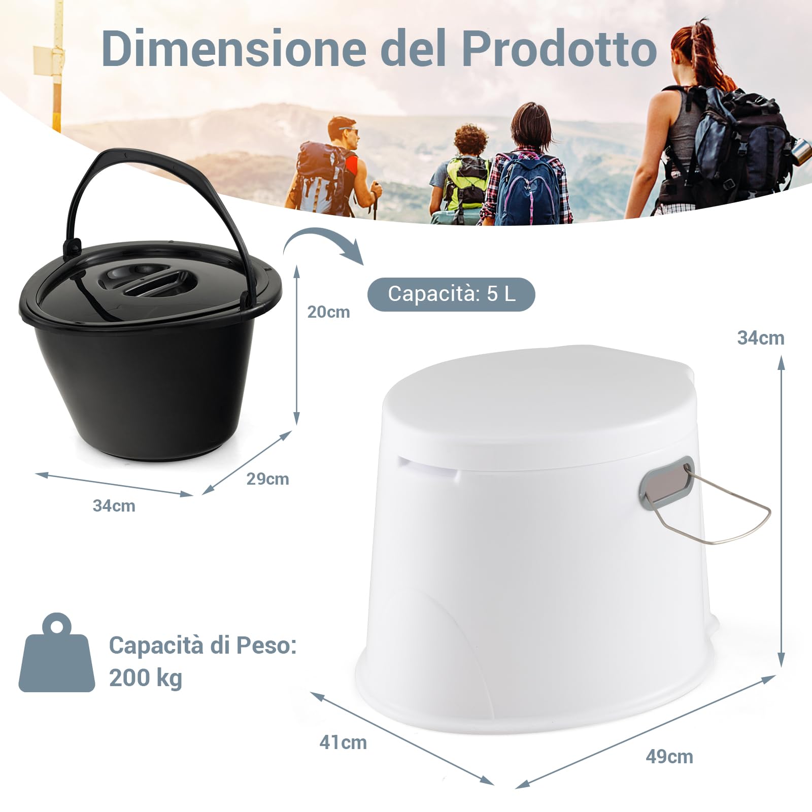 COSTWAY Toilette Portatile WC Chimico, WC da Viaggio Leggero con Secchio Interno Rimovibile,Water Portatile per Adulti e Anziani con Portarotolo, Supporto Carico 200 KG, 41 x 49 x 34 cm (Bianco)