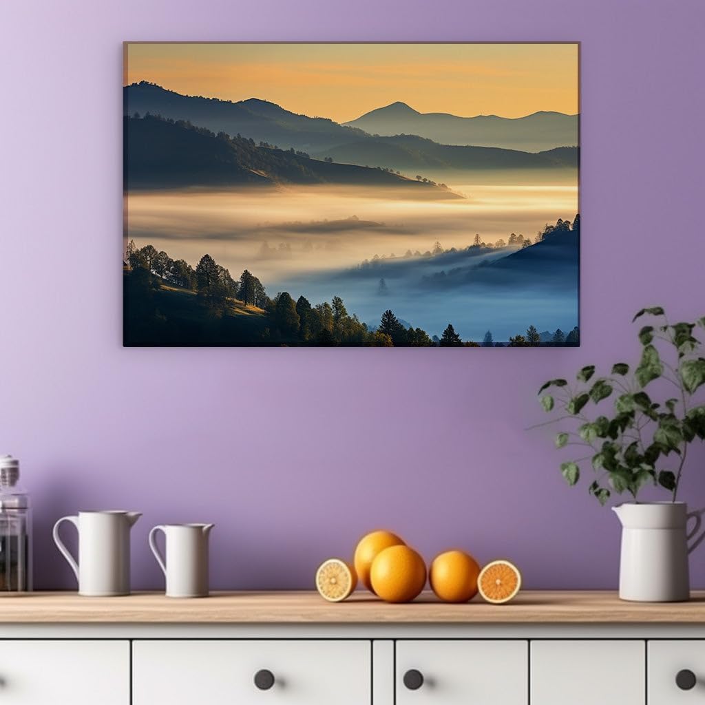 Canvas for Living room. Dawn's Embrace: A Journey into the Tranquil Heart of the Mountains, 27 x 18 inch Canvas Wall Art - Contemporary Masterpieces - Modern Home Decor