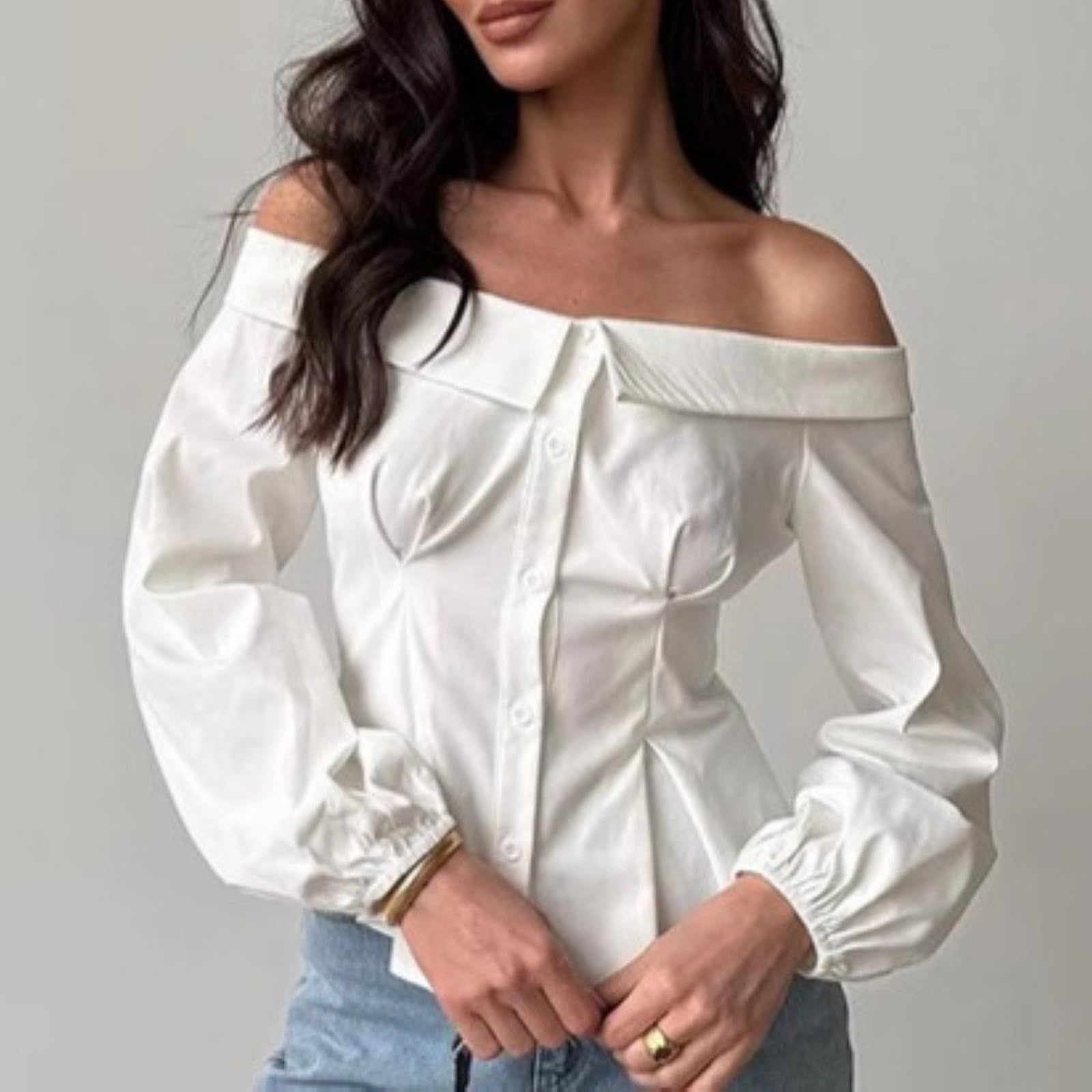 Damskie Seksowne Topy Z Odkrytymi Ramionami SkłAdają Się Slim Fit Jednolity Kolor DłUgi RęKaw Eleganckie Bluzki WyjśCiowe