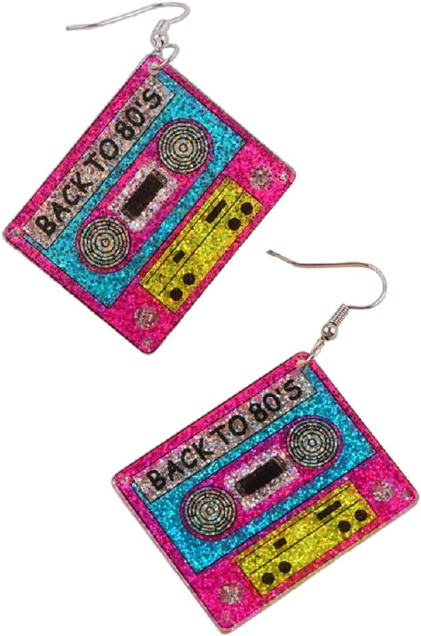 80s Neon Earrings for Women Colorful Cassette Tape Acrylic Drop Earrings Retro Glitter Radio Dangle Earrings for 80's Outfit Party Accessories