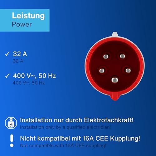 REV CEE-Stecker, 400V, 32A, 5-polig, 3Ph+N+PE, wasserdicht IP44, rot