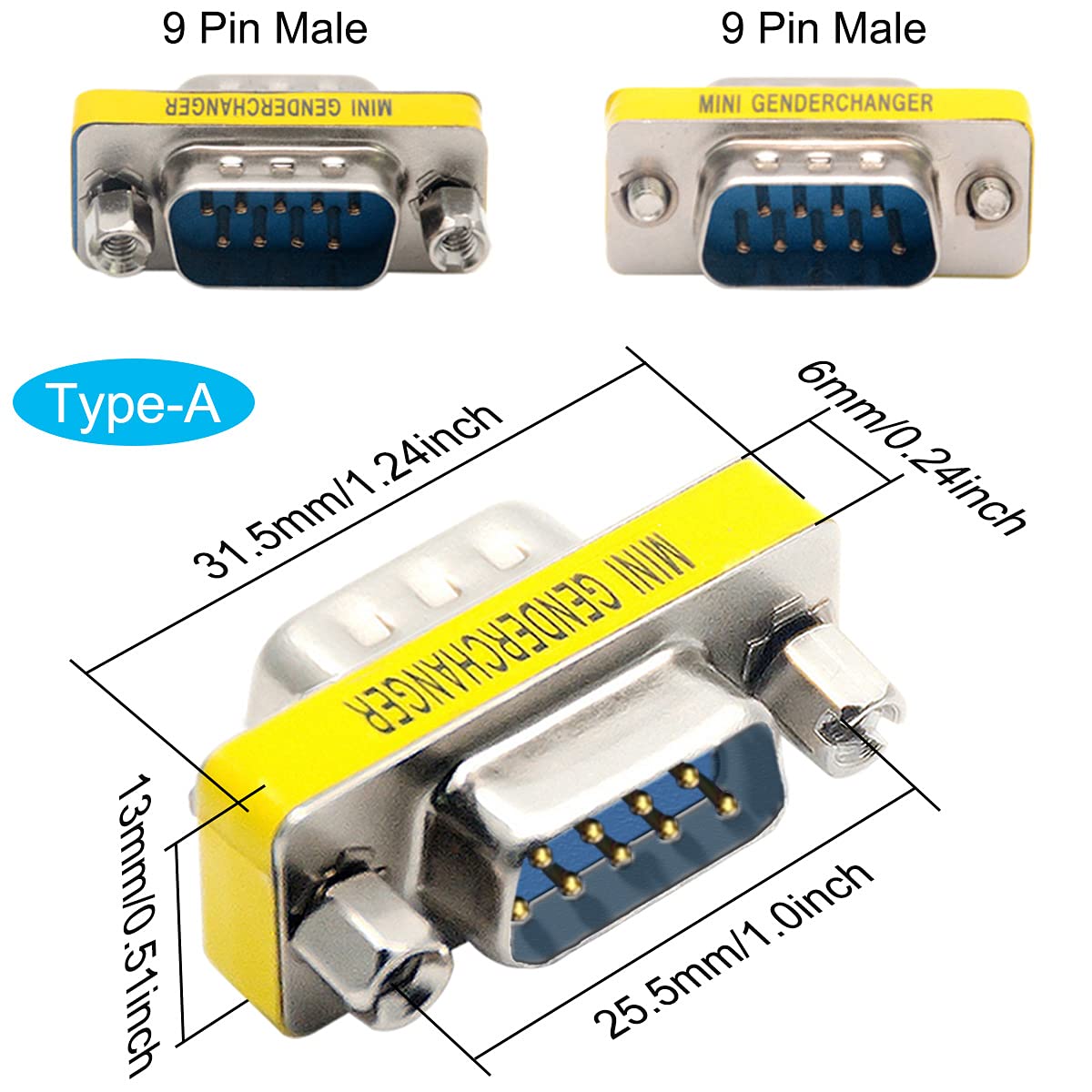 6 szt. DB9 męski do męskiego/żeńskiego do żeńskiego, RS232 Gender Changer, 9-pinowy adapter do transmisji danych szeregowych
