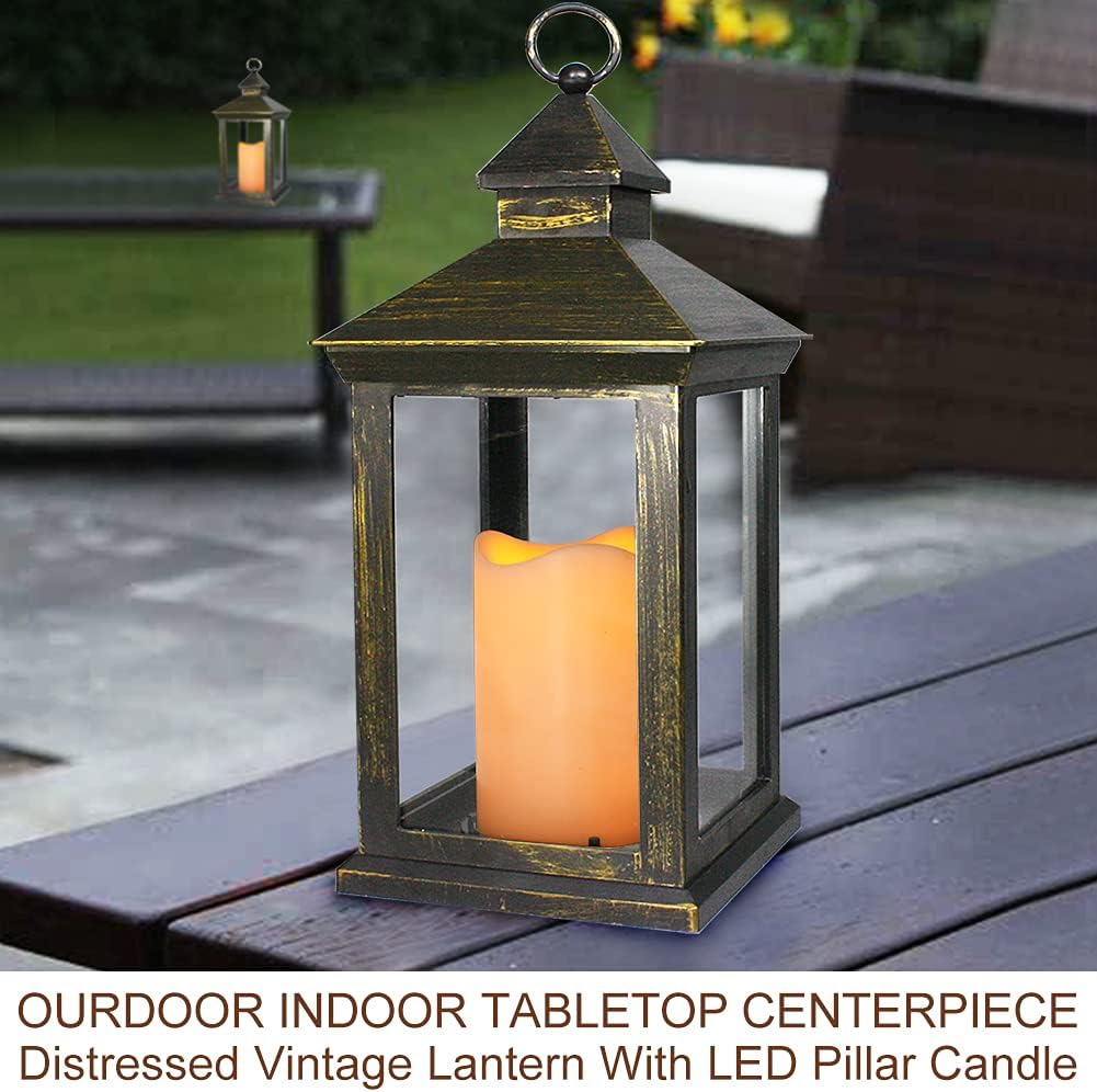 Bright Zeal 14" Tall Vintage Decorative Lantern With LED Pillar Candle (Distressed Gold, Batteries Included) - Outdoor Lanterns Decorative Hanging - Battery Lantern With Timer - Vintage Candle Lantern : Home & Kitchen
