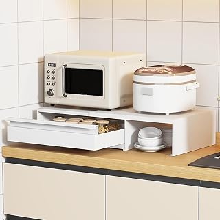 電子レンジ下用収納ラック 2段 レンジ台 作業台 引き出し付き 炭素鋼製 スライド式棚 省スペース 47〜90cm幅伸縮可能 多機能 家電下収納 オーブン・電子レンジ両対応 キッチン雑貨 小物収納 オフィス 家庭用 限られたスペース向け 完成品 (ホワイト)