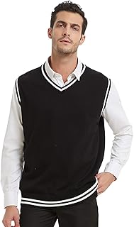 TOPTIE Men's V-Neck Cotton Twist Knit Sweater Vest Green and Red Trim