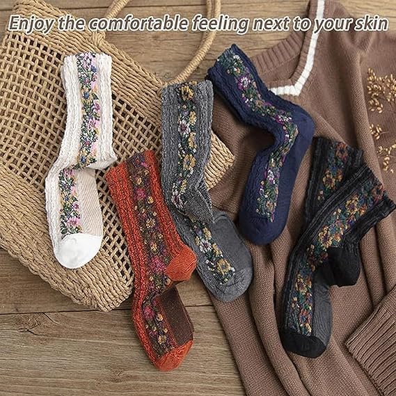 Saturatione Vintage Embroidered Floral Socks, Elegant Floral Crew Socks, Knitting Pattern Are Cute and Comfortable2