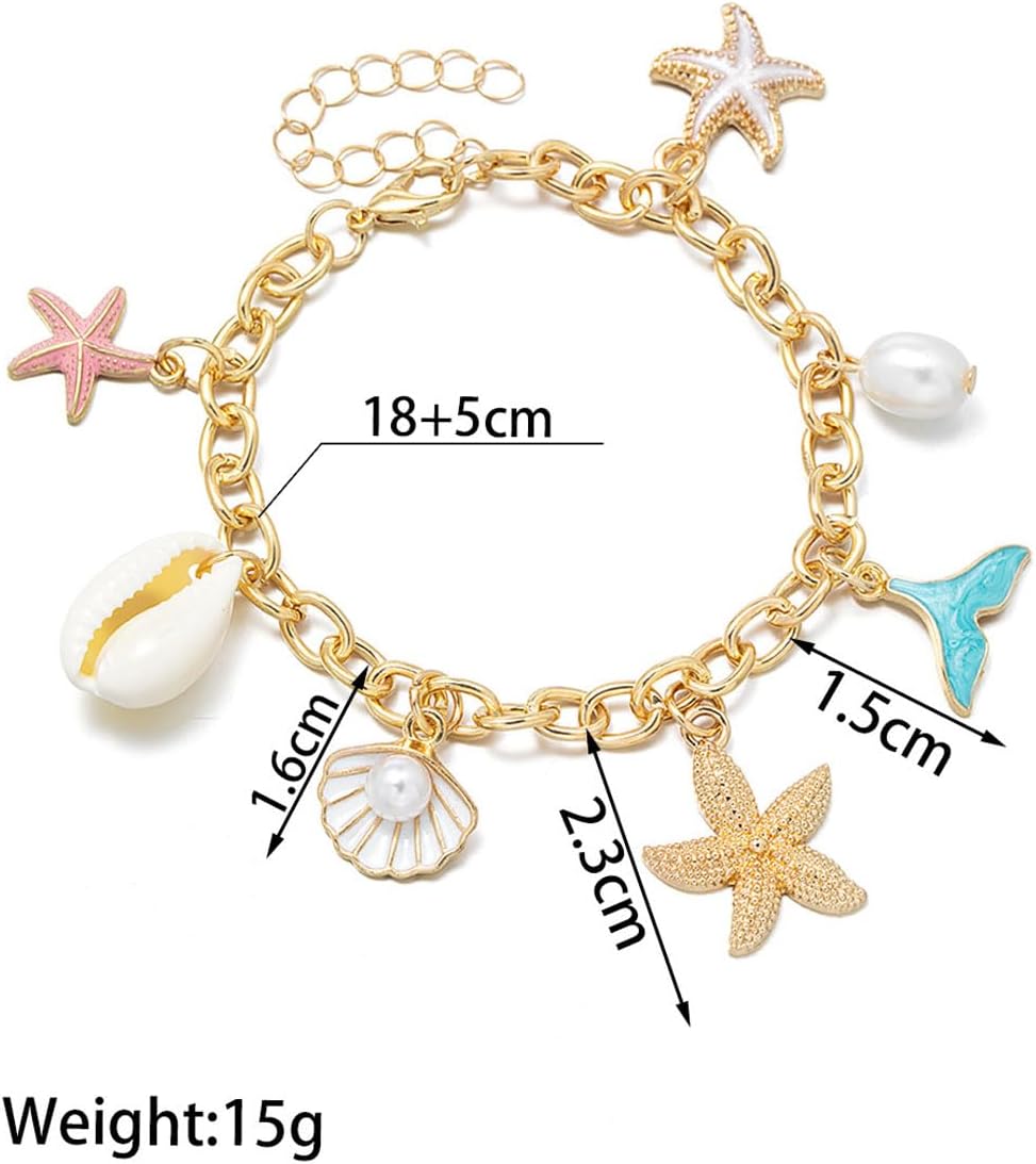 Gold Charm Bracelets for Women Pearl Seashell Starfish Mermaid tail Charm Bracelets Summer Beach Surfer Bracelet Jewelry - Image 3