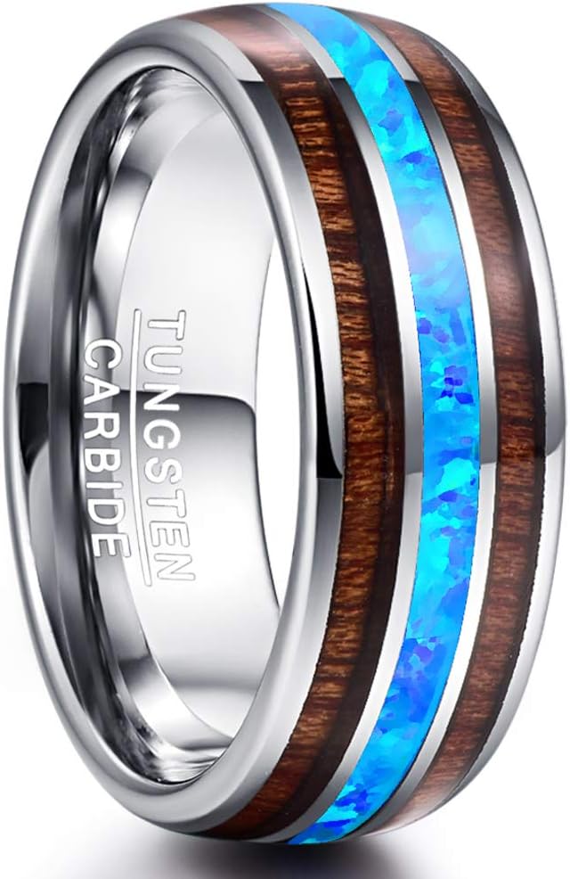 VAKKI6mm 8mm Hawaiian Koa Wood and Blue Opal Inlay Tungsten Carbide Ring Domed Band Comfort Fit Size 6-14