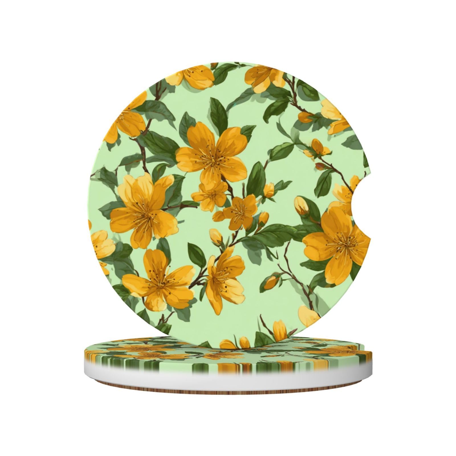 Spring Floral On Light Green Ceramic Coasters,2pcs