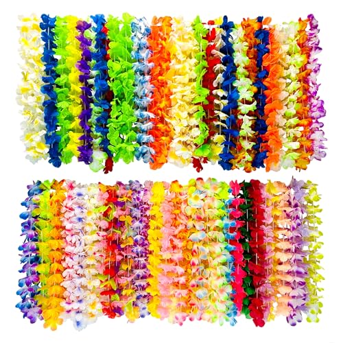 jiayicheng 120 PCS Hawaiian Leis Necklaces Vibrant Mixed Colors for Luau Party Supplies Tropical Beach Party Decor Pool Birthday Graduation Party Favors