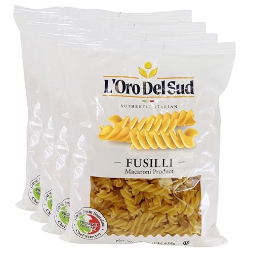 Pasta Fusilli, pasta italiana, producto de primera calidad de Italia (paquete de 4 x 16 onzas) sin OMG, vegano, certificado Kosher por L'Oro del Sud