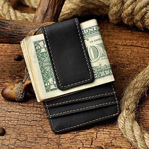 Image of Le'aokuu Genuine Leather Magnet Money Clip Credit Card Case Holder Slim Wallet