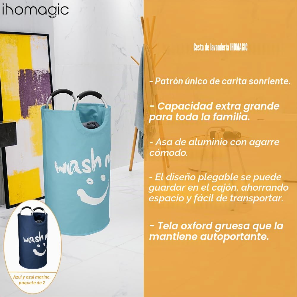 Set de 2 Independiente Cesto Ropa Sucia con 2 Asas 95L, Grande Cestos para la Colada de Tela Oxford 600D, Cesto de Almacenamiento de Ropa Plegable para Juguetes, Toallas (Azul/Azul Oscuro)
