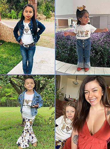 Image of Toddler Girl Cow Bell Outfits - Print T-shirt Flare Pants Bottom Short Sleeve Peace Love Letter Top Tie Dye Clothes