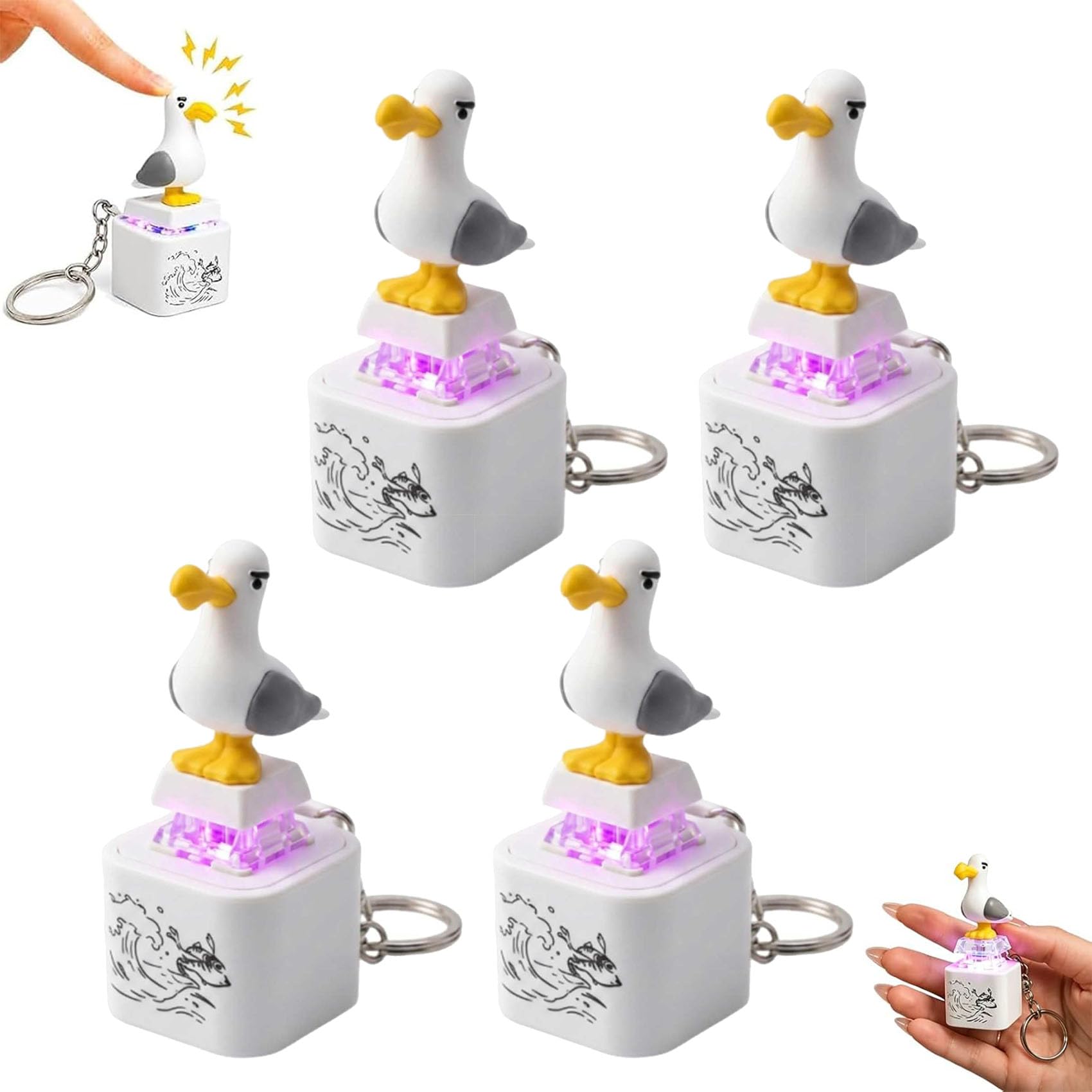 Seagull Mine Button Keychain, Rechargeable Fidget Clicker with Real Sound & LED Light,Mine Seagull Keychain Funny Stress Relief Desk Accessory for Adults Gamers (4 PCS)