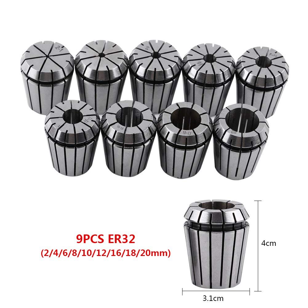 Set di pinze a molla ER32 9 pezzi, mandrino ER32 2mm-20mm, per macchina incisione per il controllo di macchine CNC e utensili tornio di fresatura, 10-20mm