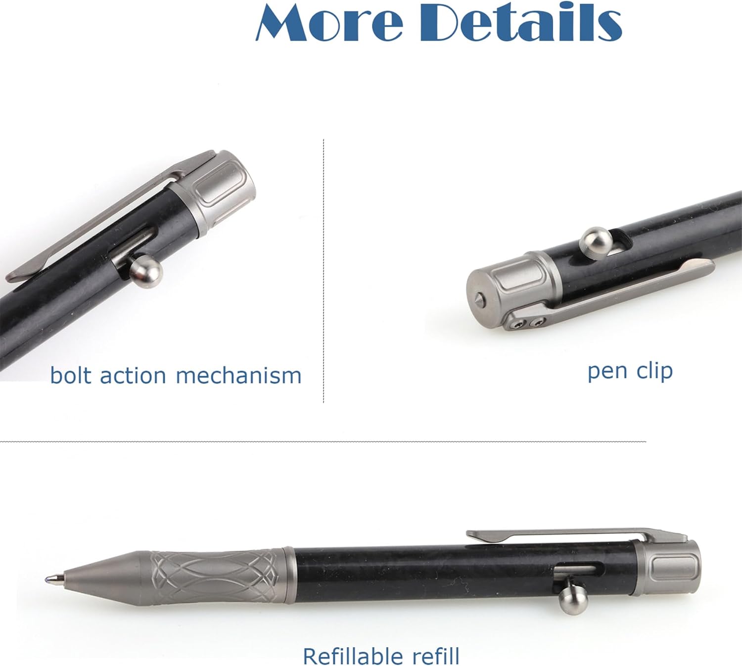 Hamans Titanium Bolt Action Pen 5.31" with Pocket Clip, Ballpoint Writing Pen TC4 Titanium Alloy & Carbon Fiber, Refillable Compatible with Parker Refill for Everyday Carry, Outdoor, Office (Grey)