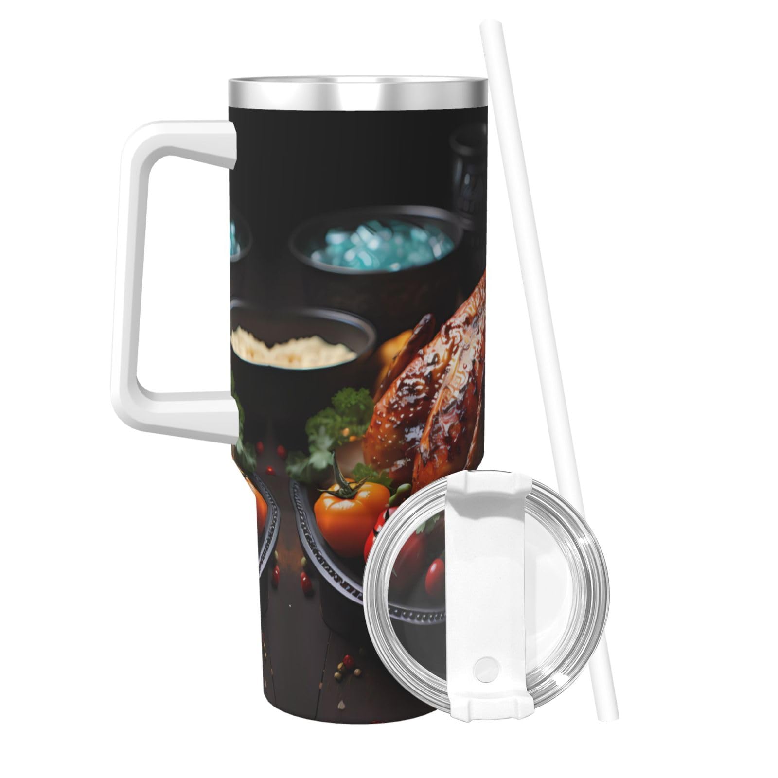 Tantalizing - Taza instantánea de doble pared impresa de pavo asado de 40 onzas con tapa de asa y pajita, adecuada para batidos de agua, batidos y batidos