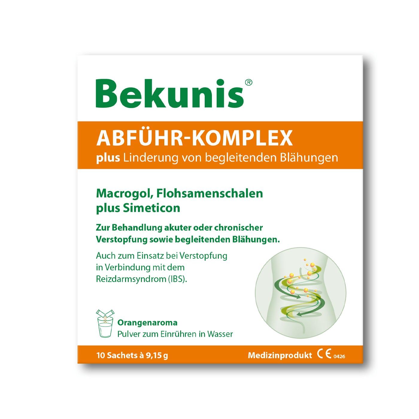 Bekunis Abführ-Komplex plus | Macrogol + Flohsamenschalen + Simeticon | Bei Verstopfung mit begleitenden Blähungen und Völlegefühl | 10 Sachets zum Einrühren in Wasser | Orange | Medizinprodukt