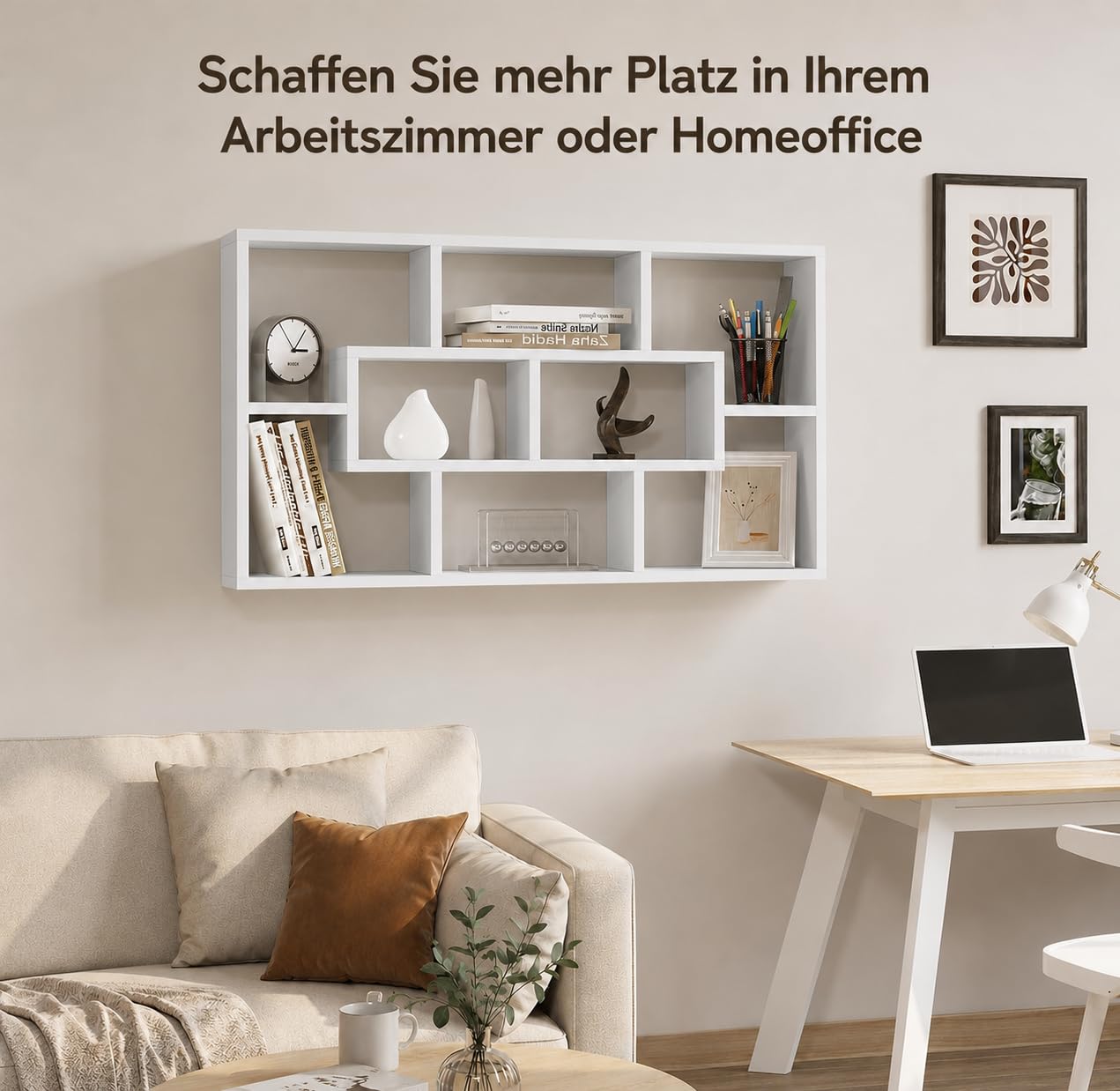 WOLTU Regał ścienny biały, 8-komorowy regał na książki, ścienny z efektem pływaka, materiał drewnopochodny E1, 85 x 48 x 16 cm, do kuchni, salonu, zajmuje mało miejsca, 5 kg