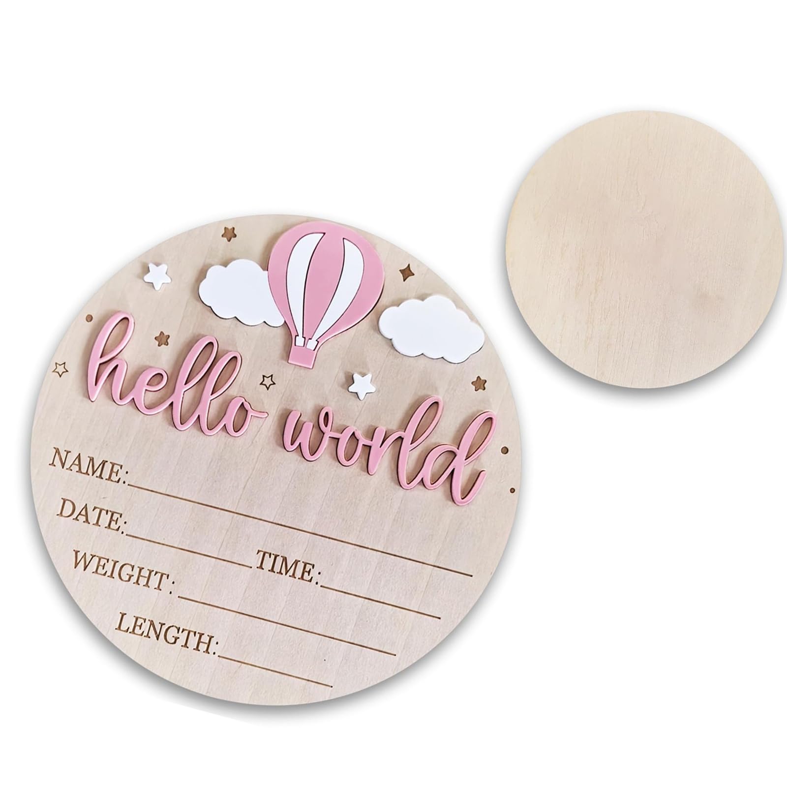 Shurhome Wood Baby Birth Keepsakes Plaques Hello Worlds Welcome Sign Customizable Nursery Wall Decors for Newborns Gift Baby Birth Sign