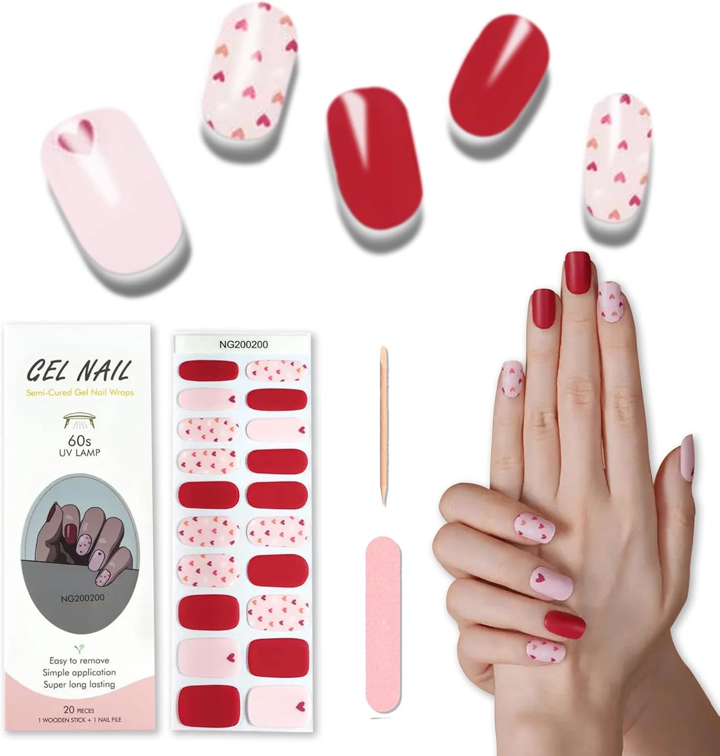 Wekcekcek 20pcs Semi Cured Gel Nail Strips, Real Nail