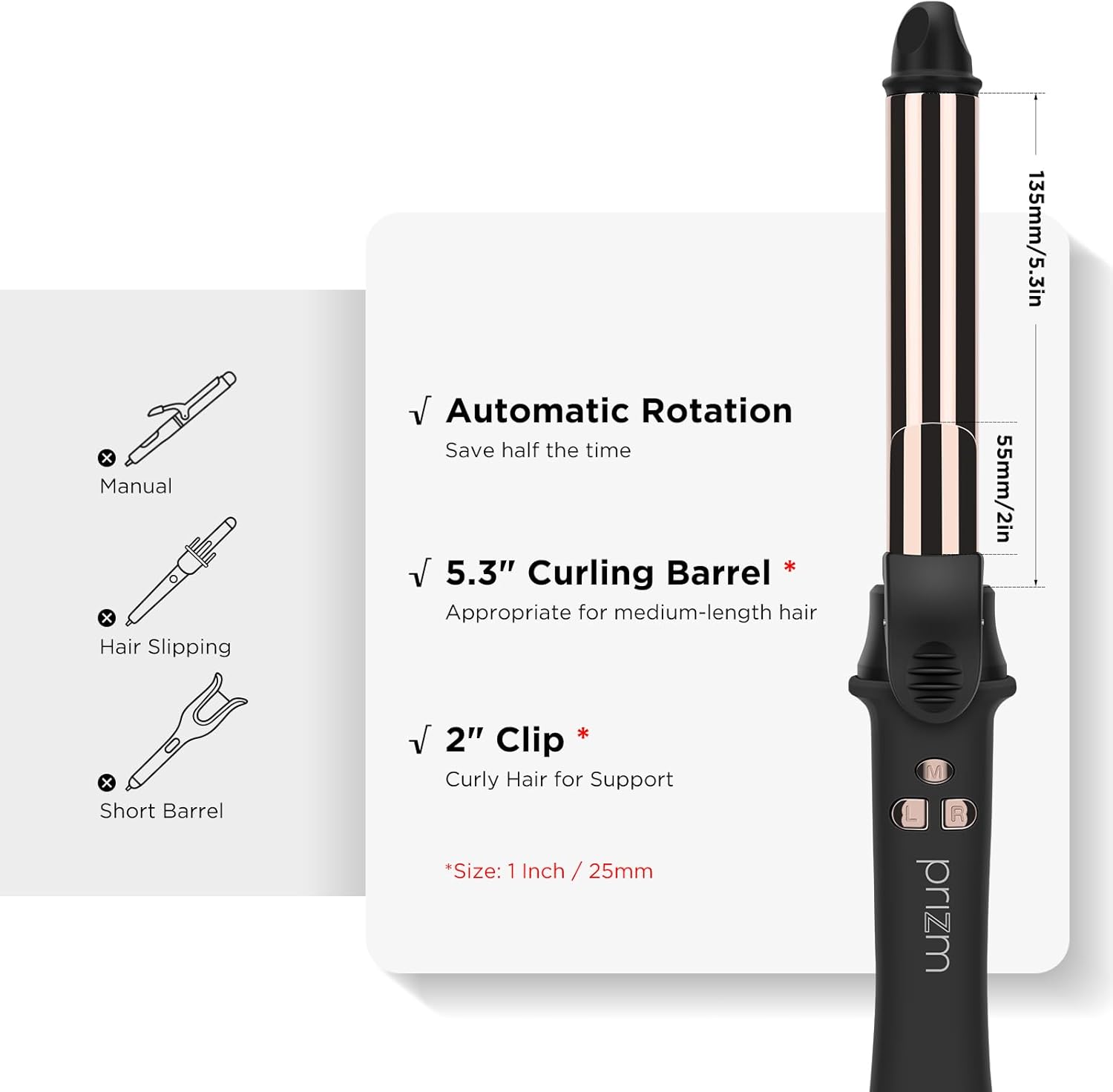 Prizm Rotating Curling Iron, 1inch/25mm Automatic Hair Curler for Long Hair, Self Spinning Barrel, 250-450°F with LCD Display, Auto-Shut Off & Dual Voltage, Black - Image 4