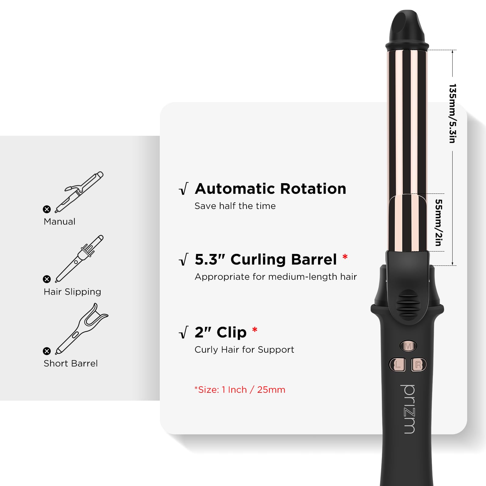 Prizm Automatic Rotating Curling Iron with LCD, Dual Voltage & 450°F Heat