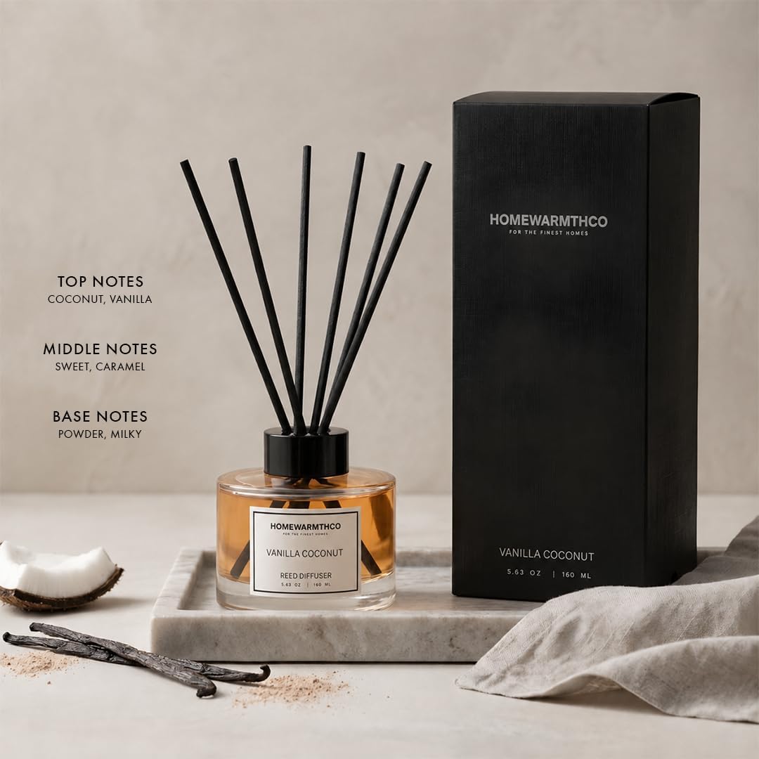 Vanilla Coconut & Citrus Reed Diffuser Set – Premium Fragrance Reed Diffuser for Home, Office, Bathroom & Kitchen, Long-Lasting Non-Toxic Essential Oil Diffuser, Home Décor, 5.63 oz (160ml)