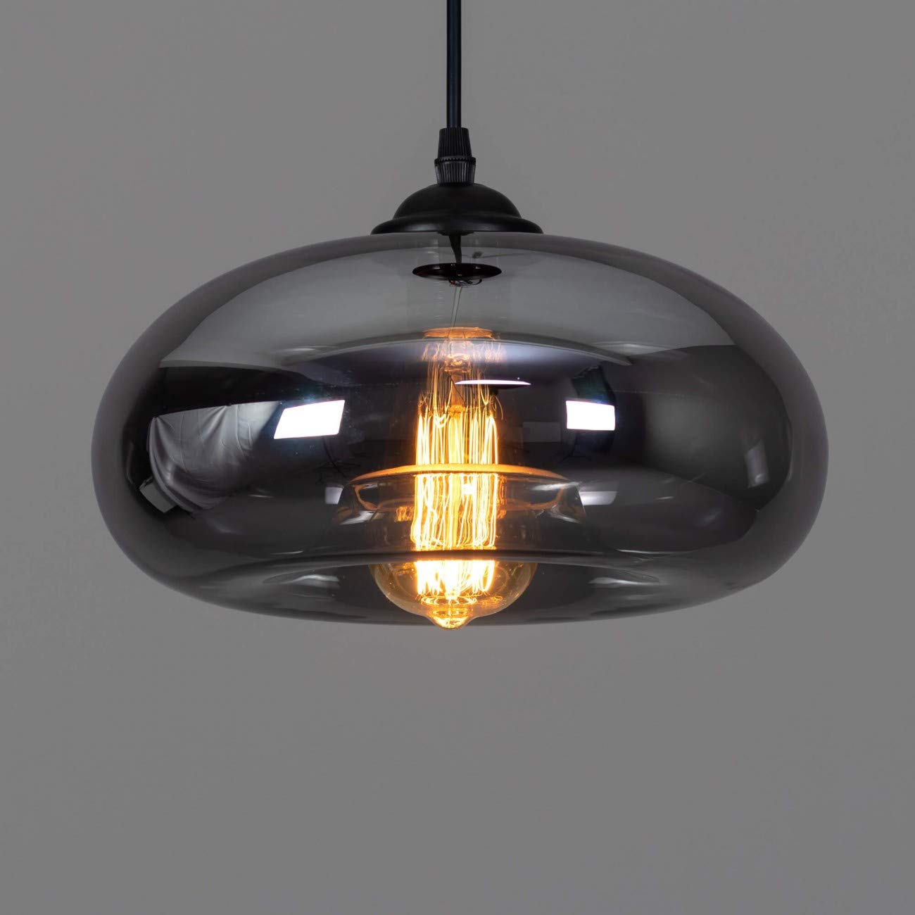 KOSILUM - Suspension goutte d'eau verre fumé noire - Ellipse - Lumière Blanc Chaud Eclairage Salon Chambre Cuisine Couloir - 1 x 60W - - E27 - IP20