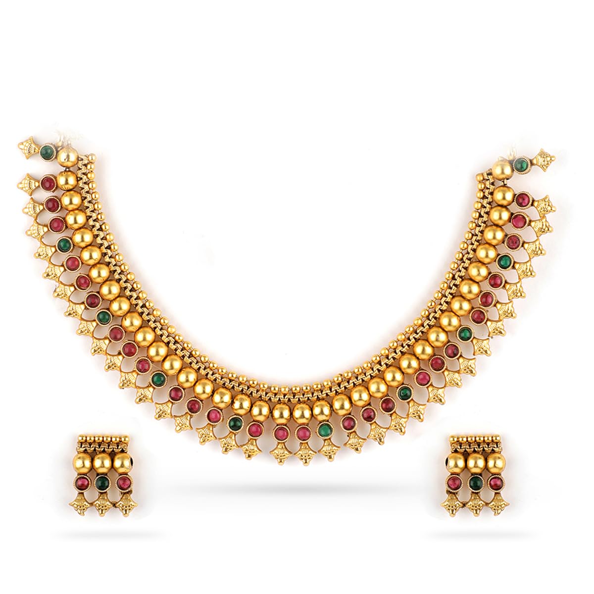 22K Gold-Plated Stone Studded with Beads Traditional Necklace Set For Women and Girls – Perfect for Weddings and Special Occasions-image-4