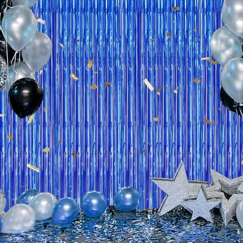 Image of DECOCKRAT 2 Pack Foil Fringe Backdrop - Laser Royal Blue Shiny Tinsel Curtains for Party Decoration /Photo Booth Props - 3.3x6.6 FT Metallic Foil Backdrop for Birthday, Wedding, Graduation, Christmas.