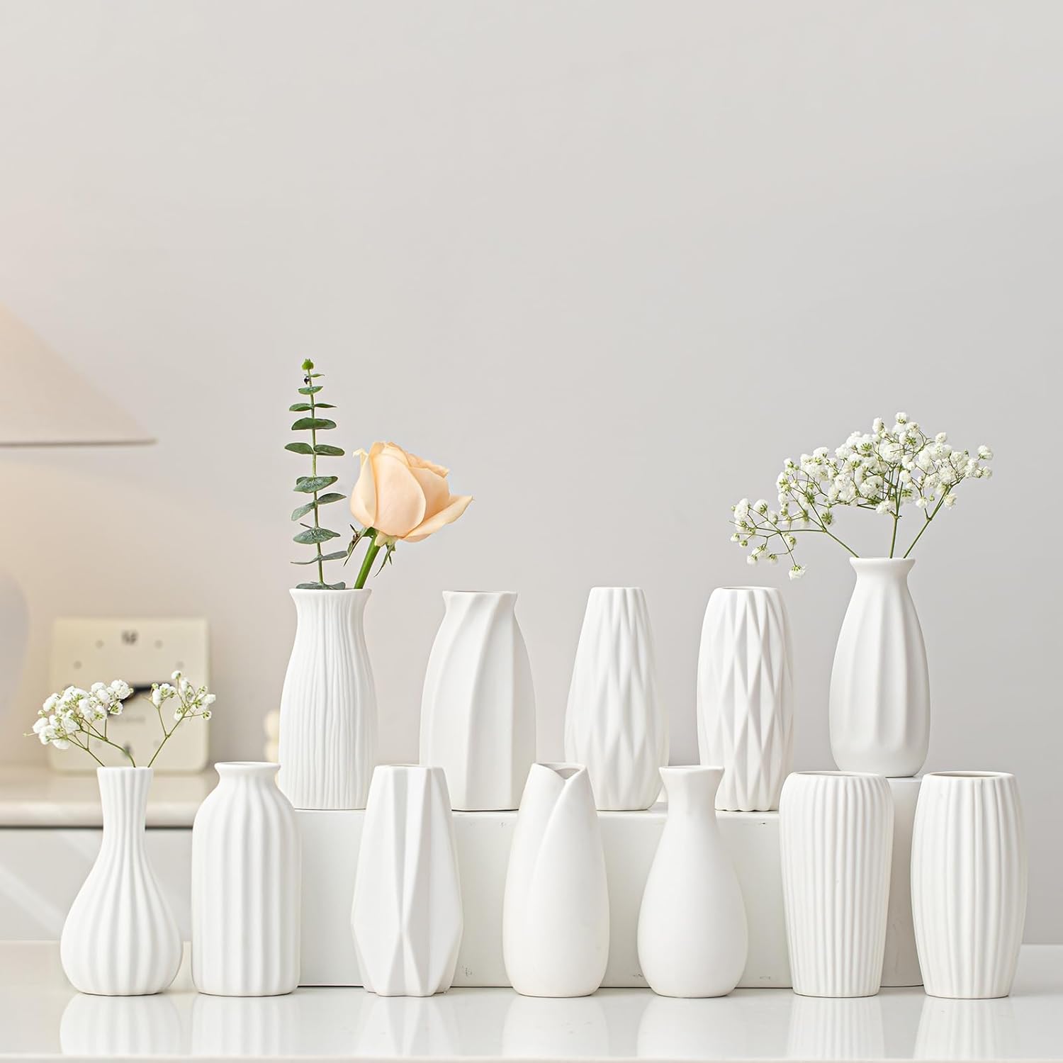 White Ceramic Vase Set of 12,Small Vases in Bulk for Flowers,Mini Vases for Centerpieces,Modern for Floral and Pampas Grass,Boho for Wedding,Party,Table Christmas Home DecorDIY Gifts