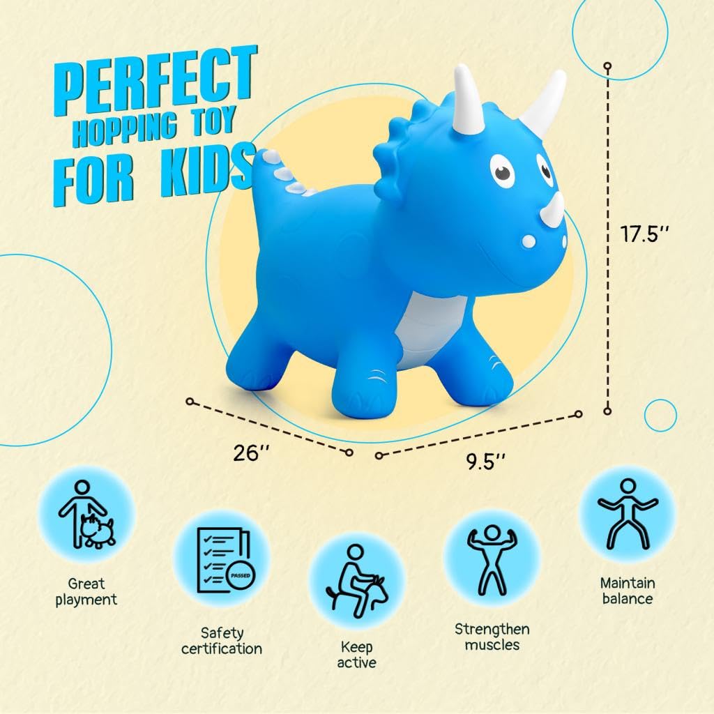U&C Planet Dinosuar Animal Hopper Jouet de Saut Gonflable pour Enfants 2-5 Ans Bleu Foncé