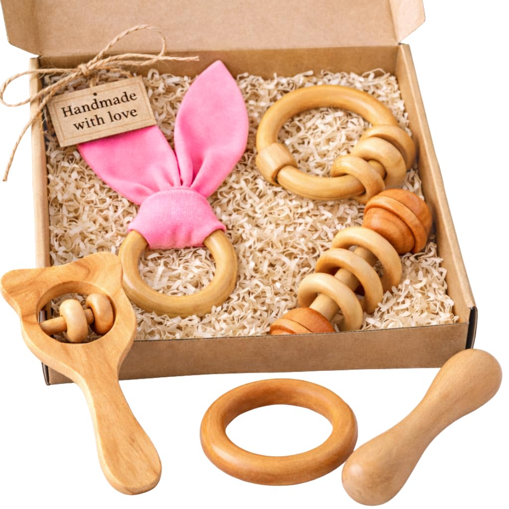 Neem Wood Teethers Giftset For Babies | Natural And Organic - (Ring + Rattle + Ring with Bunny Ear Cloth + Dumbbell Nibbler +Ring Rattle + Mickey Rattle) - Wooden Teethers for 6 to 12 Months Baby | Combo Pack of 6-picture-17
