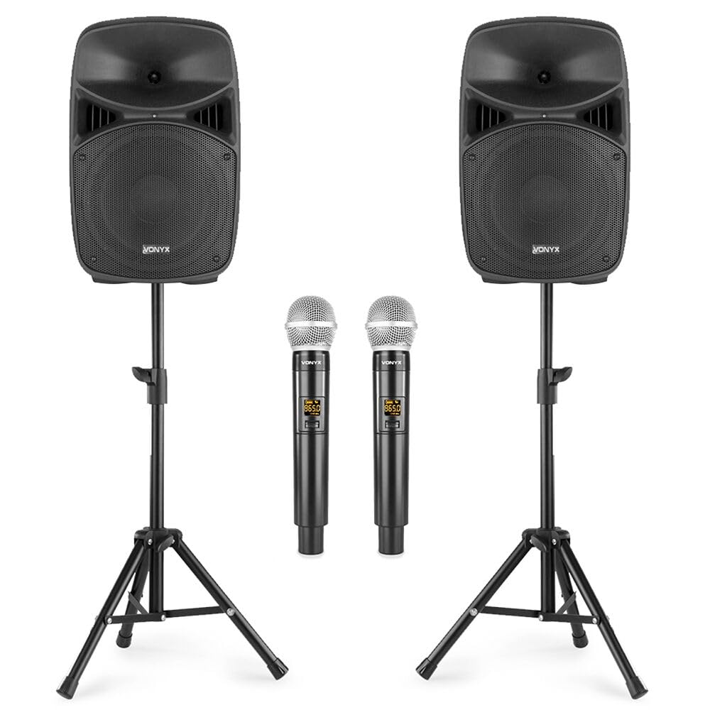 VONYX VPS152A, Aktivlautsprecher Bluetooth, PA Lautsprecher Boxen Aktiv 1000 Watt, Ständer, 2X Kabelloses Mikrofon, PA Anlage Komplettset, 15 Zoll, USB, MP3, DJ Boxen, DJ Set Komplett, Partybox