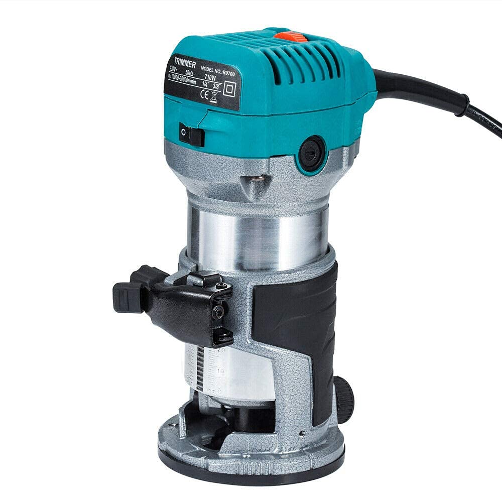 Rifilatore Fresatrice Verticale, Elettrica Fresatrice Palmare Rifilatore per Legno 220V 710W con Base per Rifilare, Set Frese Fresa Fresatrice Punte per Legno Pantografo Gambo 6.35 mm 15 pezzi