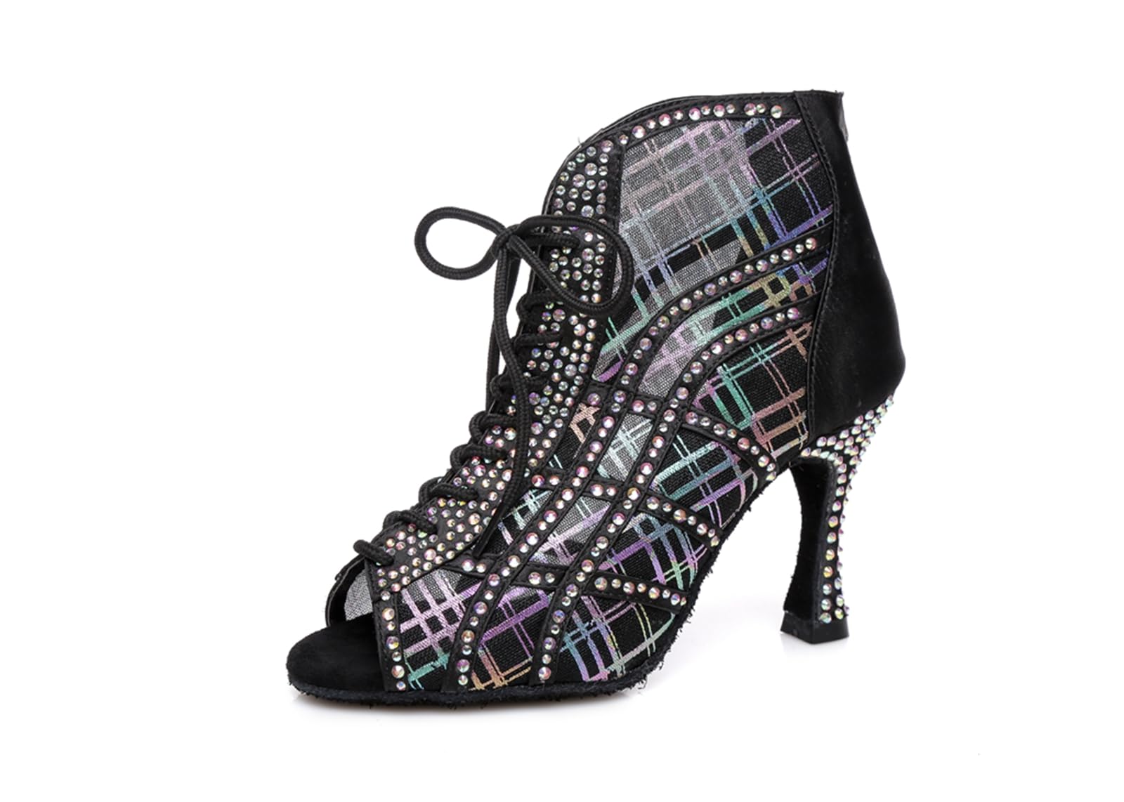 ZHCRCfirm Women's Rhinestones Breathable Mesh Open Toe Satin Ballroom Rumba Party Wedding Practice Performence Dance Shoes Boots YCL434 Black US 10.5