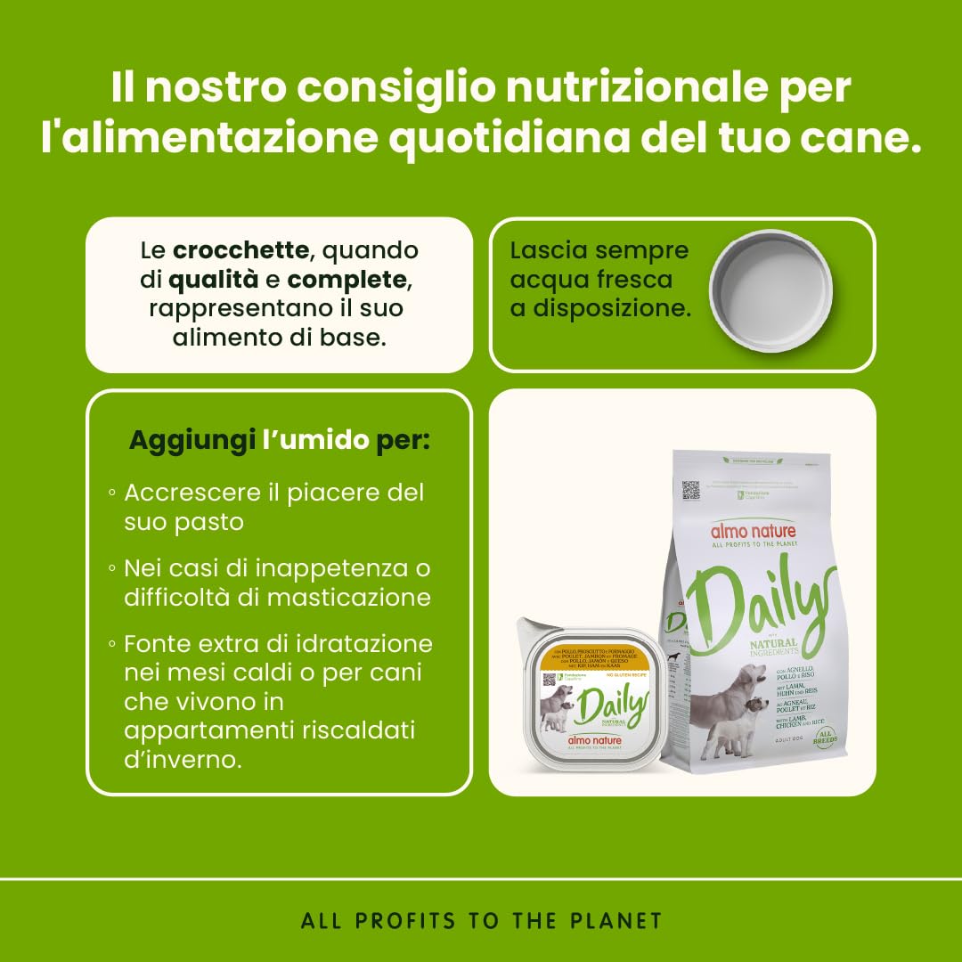 Almo Nature Daily, Alimento Umido per Cani Adulti con Pollo, Prosciutto e Formaggio - 100g, Confezione da 32
